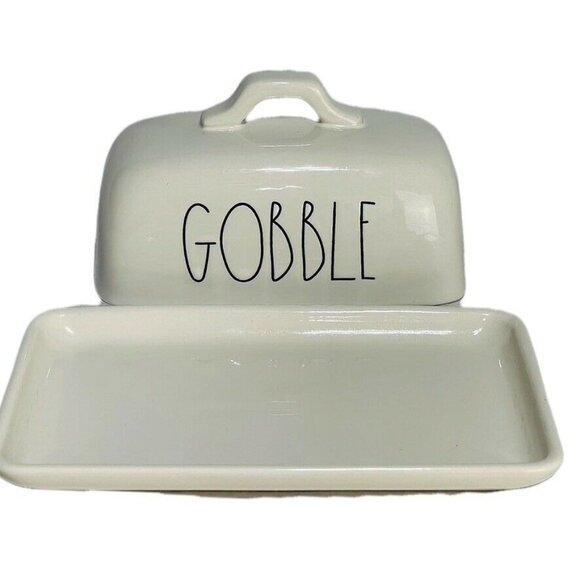 Rae Dunn Artisan Collection White Ceramic Butter Dish With "Gobble" Text - Picture 5 of 8